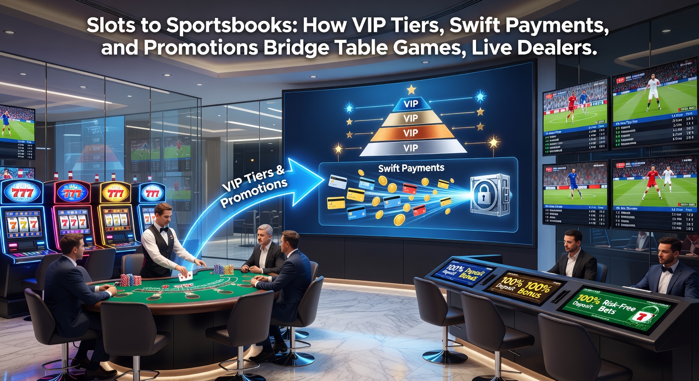 Grafik mit VIP-Stufen-Leiter, die von Slots zu Sportwetten führt, umgeben von Blitz-Auszahlungssymbolen und Promo-Bannern auf einem mobilen Bildschirm
